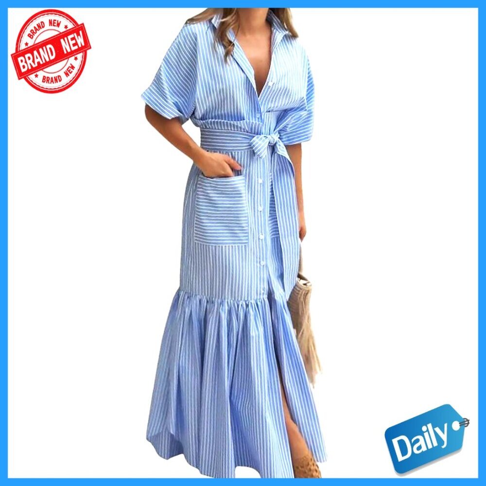 Striped Button Down Maxi Dress Casual Chic Tie Waist Short Sleeve with Pockets